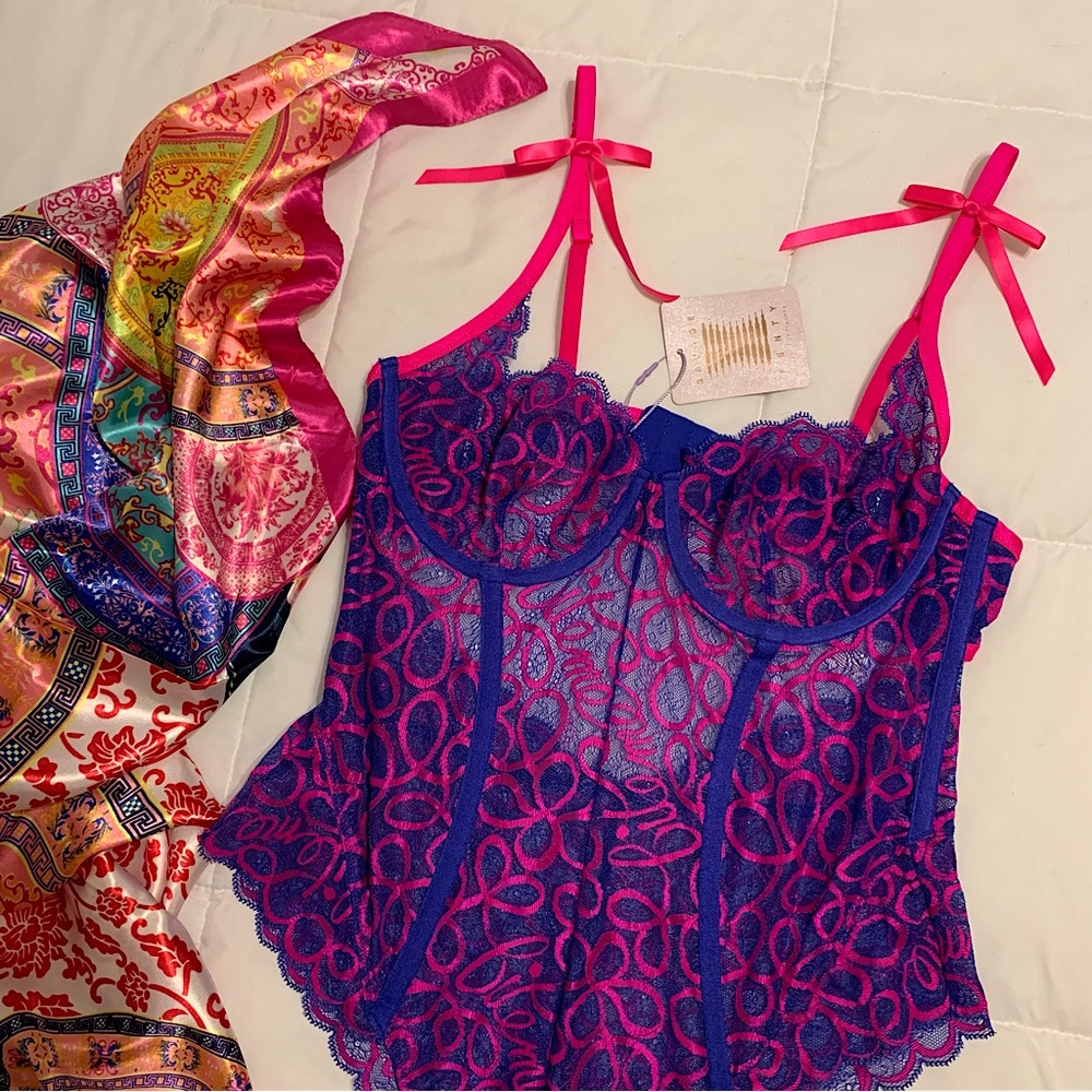 Savage X Fenty: Ribbon Writing Lace Teddy; Pink and Purple lingerie one piece